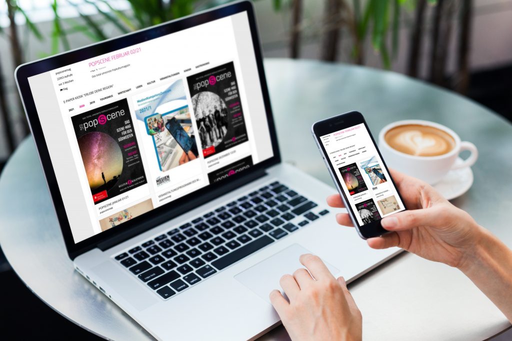 Popscene E-Paper Kiosk Header Webdesign Webseite Laptop